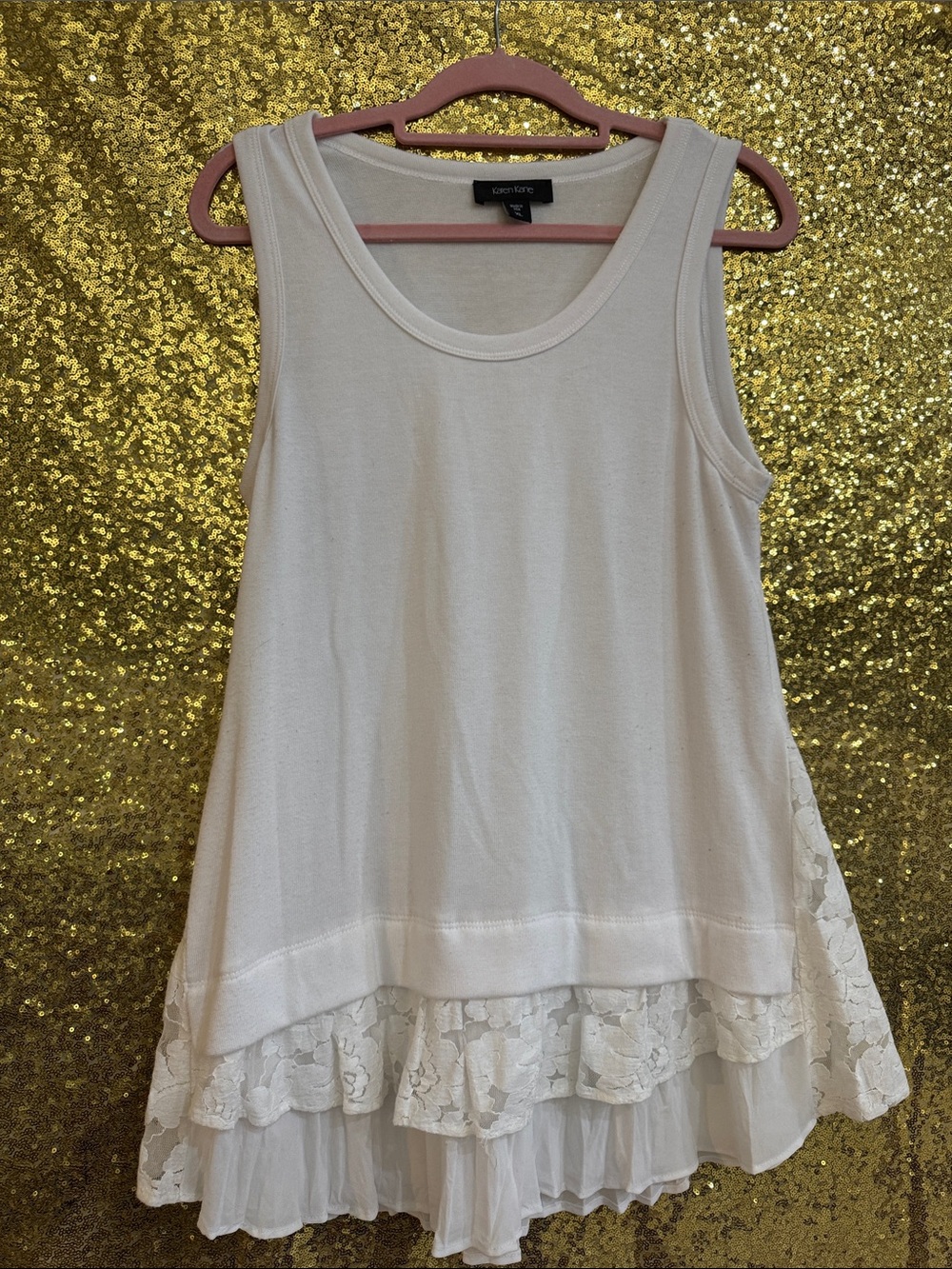 Good Condition White Karen Kane Tank Top Sweater Material Sheer Lace XL